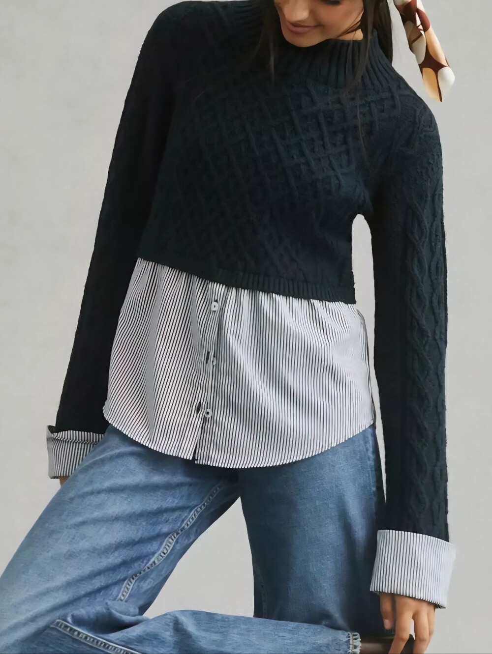 Maeve 2in1 Layered Mock Neck Cable-knit Striped Hem Sweater Top Women Sz 2X Blue